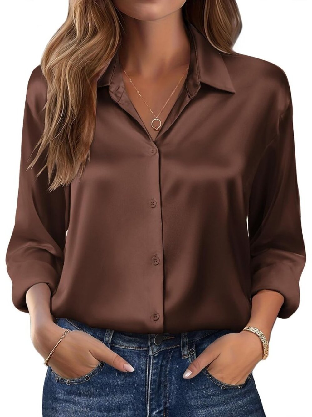 Women's Brown Long Sleeve Satin Silk Button Down Casual Blouses Top T-Shirt